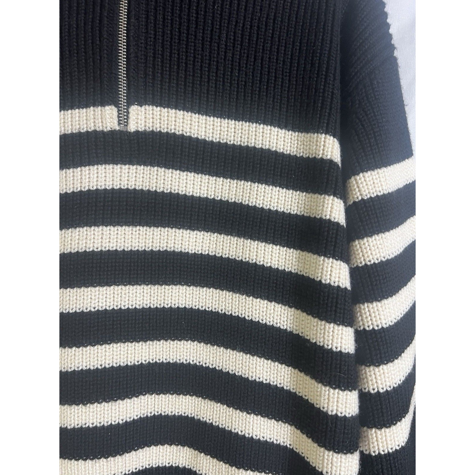 Cos Sweater Woman's S Black Cream Striped Wool Cotton Knit Oversized Half Zip — image 3 of 8